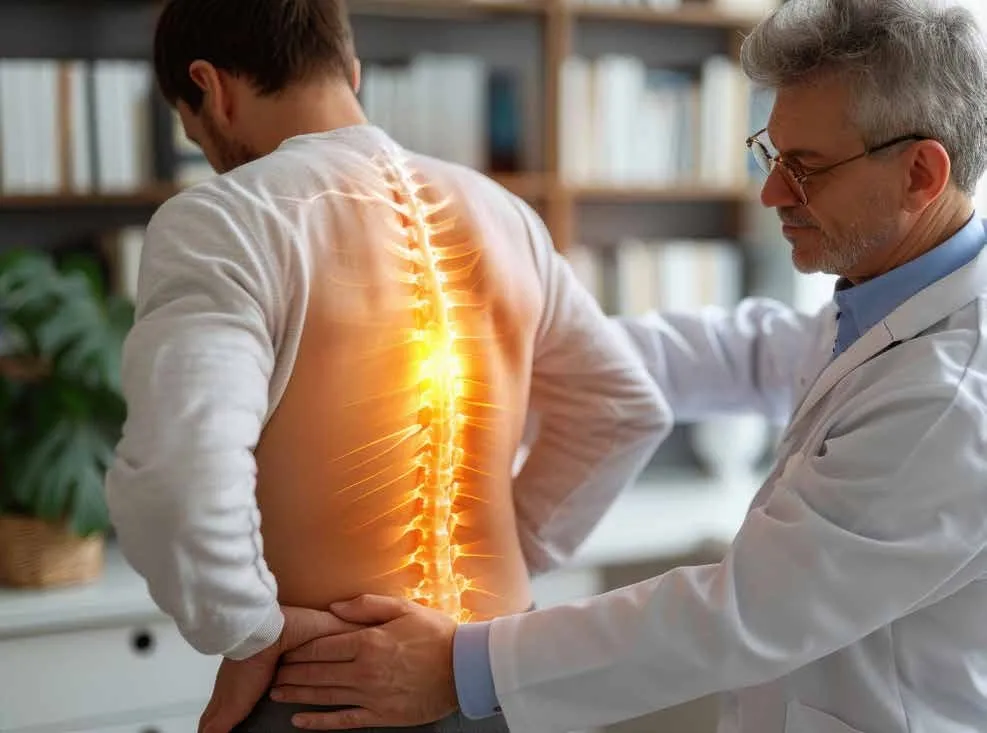 Wärmepackung & Warmpacks für die Wärmetherapie - Bild zeigt Arzt der den Rücken eines Patienten untersucht. Die Wirbelsäule des Patienten ist leuchtend orange hervorgehoben. Secona Conrad